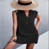 Canbebig Women's Lapel Collar Sleeveless Solid Mini Dress Summer V Neck Button Short Shirt Dresses Side Slit Casual Dress Black view 2