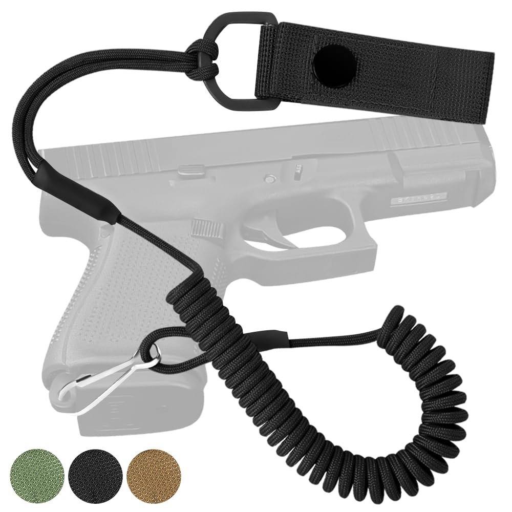 TECEUM Tactical Pistol Lanyard Black Equipment Accessories for Military, Police, Security & Personal Use Spring Safety Strap with D-Ring Keeper Anti-Lost Elastic Coil for Belt or MOLLE