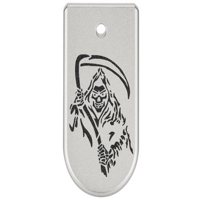 NDZ Performance Magazine Base Plate Finger Extension for Glock 43X 48 9mm Laser Engraved Anodized Aluminum in Silver, Made in The USA - Grim Reaper 2