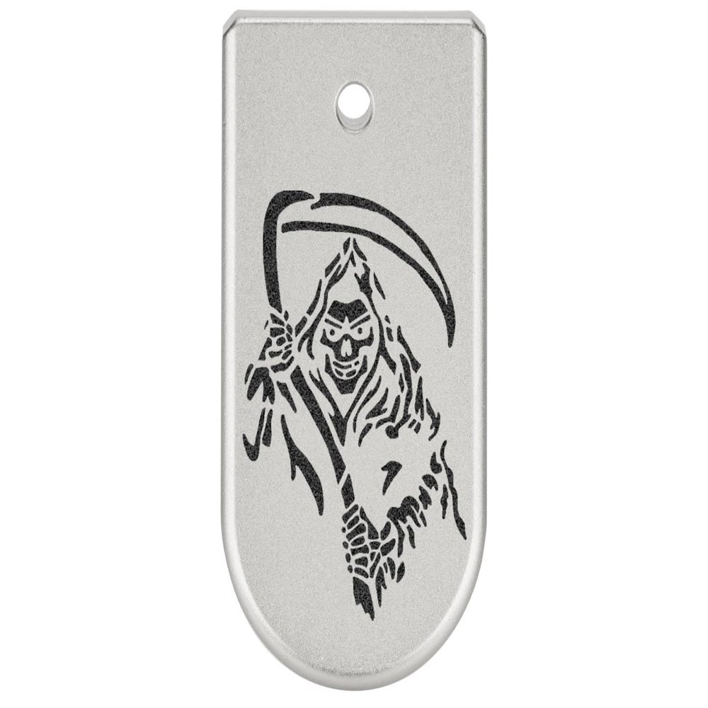 NDZ Performance Magazine Base Plate Finger Extension for Glock 43X 48 9mm Laser Engraved Anodized Aluminum in Silver, Made in The USA - Grim Reaper 2