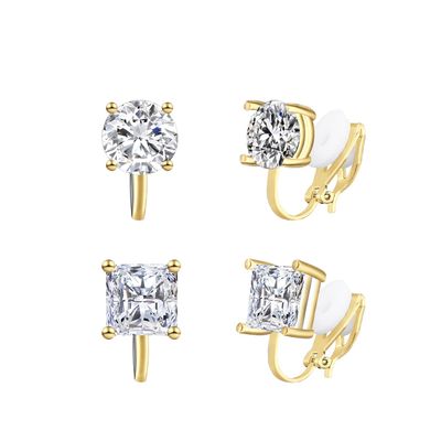 YOQUCOL 2 Pairs 8MM White Cubic Zirconia Crystal Golden Tone Clip On Earrings Non Pierced Stud Earrings For Women