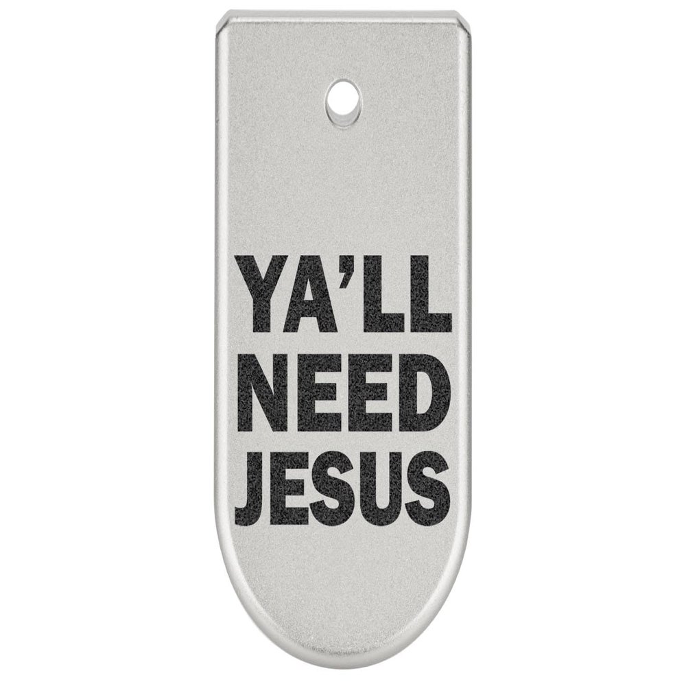 NDZ Performance Magazine Base Plate Finger Extension for Glock 43X 48 9mm Laser Engraved Anodized Aluminum in Silver, Made in The USA - Y'all Need Jesus Text