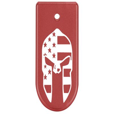 NDZ Performance Magazine Base Plate Finger Extension for Glock 43X 48 9mm Laser Engraved Anodized Aluminum in Red, Made in The USA - Spartan Helmet US Flag