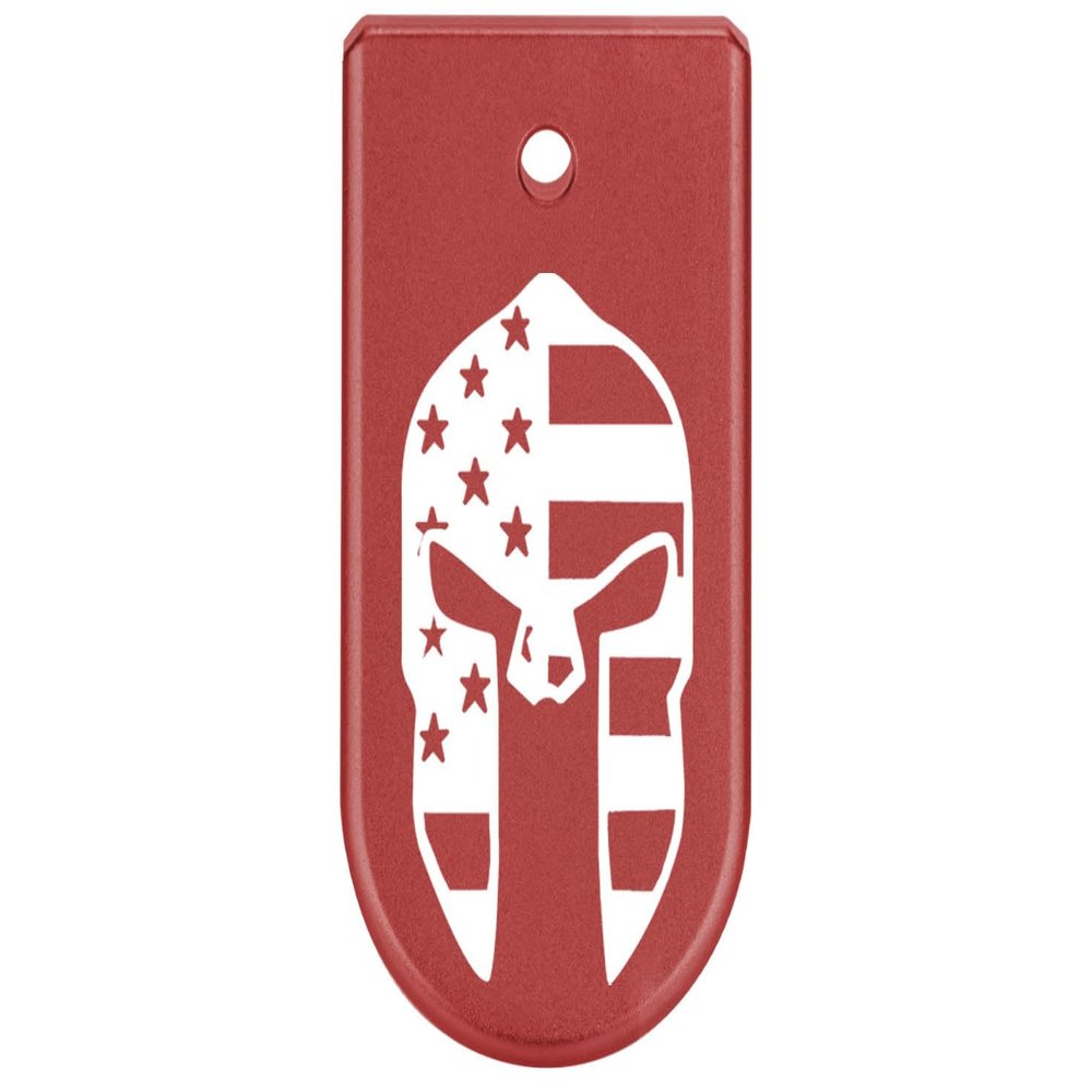 NDZ Performance Magazine Base Plate Finger Extension for Glock 43X 48 9mm Laser Engraved Anodized Aluminum in Red, Made in The USA - Spartan Helmet US Flag