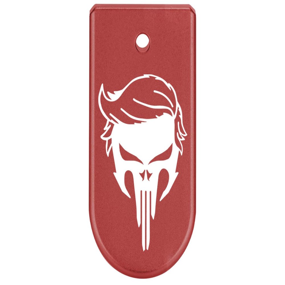 NDZ Performance Magazine Base Plate Finger Extension for Glock 43X 48 9mm Laser Engraved Anodized Aluminum in Red, Made in The USA - Trump Skull
