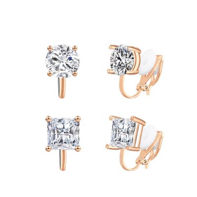 YOQUCOL 2 Pairs 8MM White Cubic Zirconia Crystal Rose Golden Tone Clip On Earrings Non Pierced Stud Earrings For Women