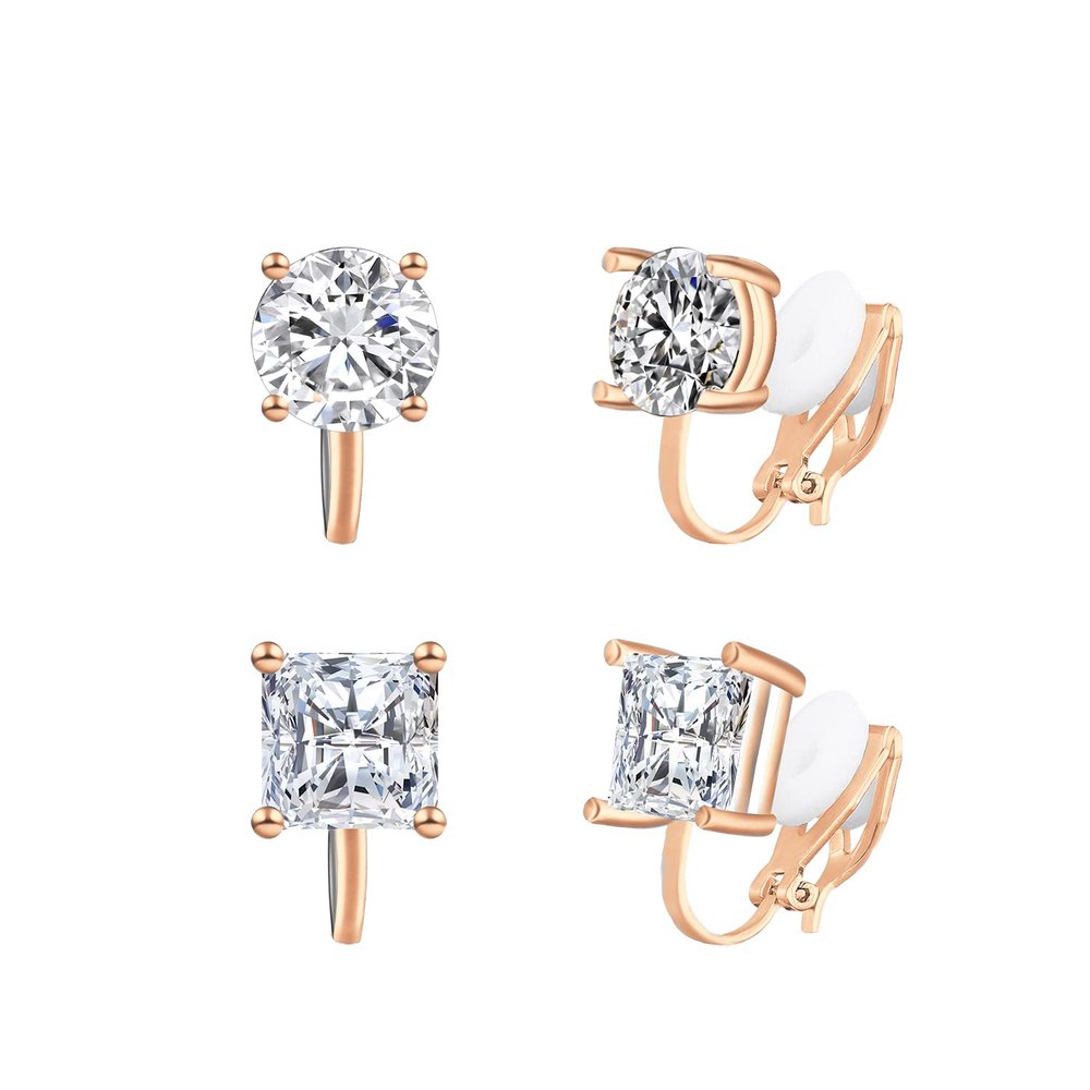 YOQUCOL 2 Pairs 8MM White Cubic Zirconia Crystal Rose Golden Tone Clip On Earrings Non Pierced Stud Earrings For Women