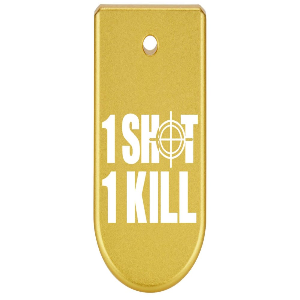 NDZ Performance Magazine Base Plate Finger Extension for Glock 43X 48 9mm Laser Engraved Anodized Aluminum in Gold, Made in The USA - 1 Shot 1 Kill Crosshairs 2 LINE