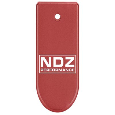 NDZ Performance Magazine Base Plate Finger Extension for Glock 43X 48 9mm Laser Engraved Anodized Aluminum in Red, Made in The USA Logo