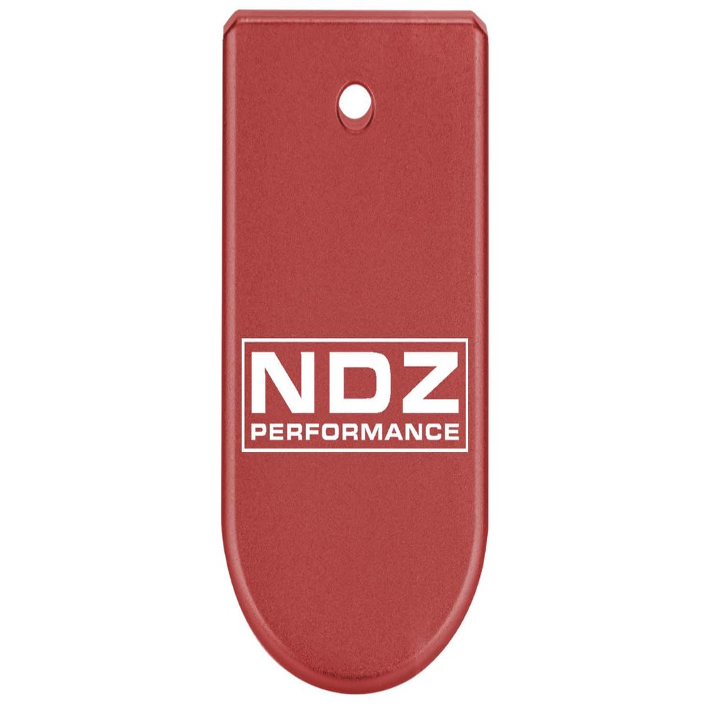 NDZ Performance Magazine Base Plate Finger Extension for Glock 43X 48 9mm Laser Engraved Anodized Aluminum in Red, Made in The USA Logo