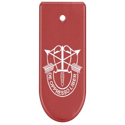 NDZ Performance Magazine Base Plate Finger Extension for Glock 43X 48 9mm Laser Engraved Anodized Aluminum in Red, Made in The USA - US Army Special Forces Emblem