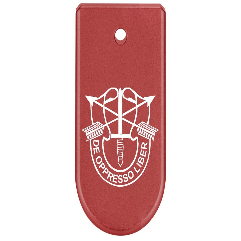 NDZ Performance Magazine Base Plate Finger Extension for Glock 43X 48 9mm Laser Engraved Anodized Aluminum in Red, Made in The USA - US Army Special Forces Emblem