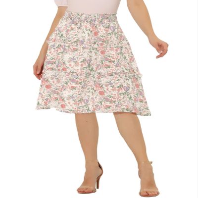 Allegra K Women's Floral Skirts Spring Smocked Elastic Waist A-Line Below Knee Length Ruffle Tiered Skirt Small White2