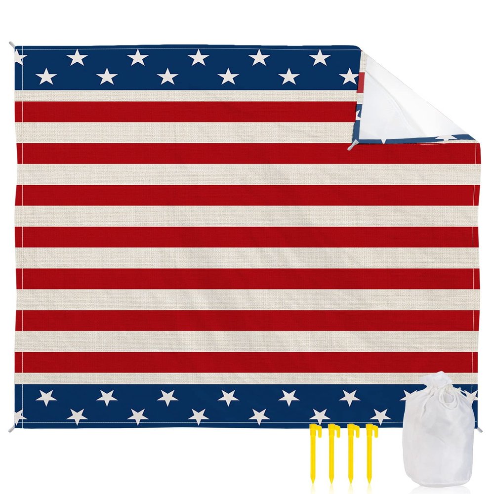 American USA Flag Beach Blanket Extra Large 118x108in Outdoor Waterproof Sandproof Picnic Blankets with Stakes Lightweight Beach Mat for Camping Travel Hiking,Independence Day Red White Stripes