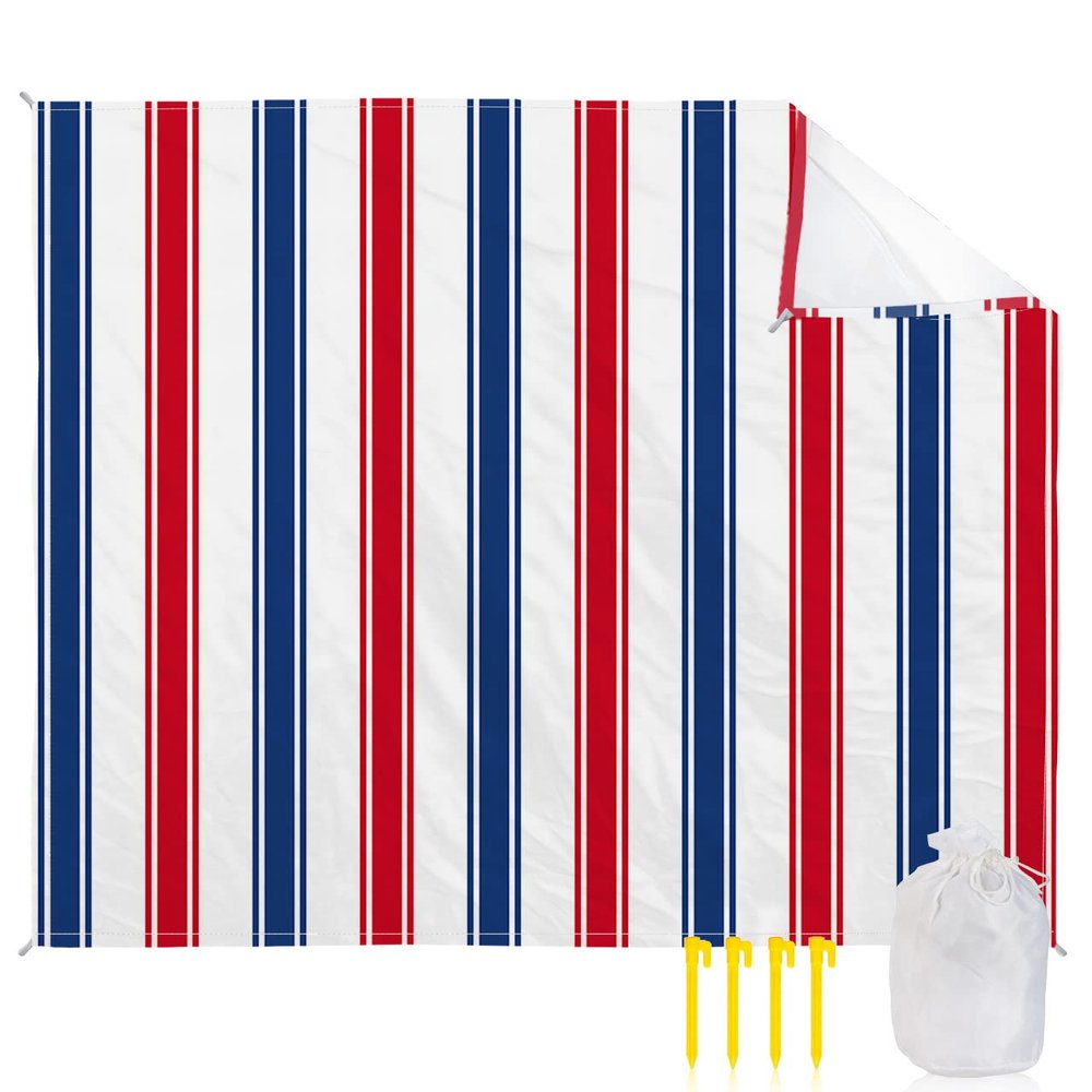 USA Independence Red Blue White Stripe Beach Blanket Extra Large 118x108in Outdoor Waterproof Sandproof Picnic Blankets with Stakes Lightweight Beach Mat for Camping Travel,President's Flag Day