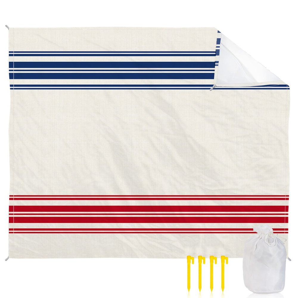 Independence Day Red Blue Stripe Beach Blanket Extra Large 83x79in Outdoor Waterproof Sandproof Picnic Blankets with Stakes Lightweight Beach Mat for Camping Travel Hiking,Farm Retro Freedom Liberty