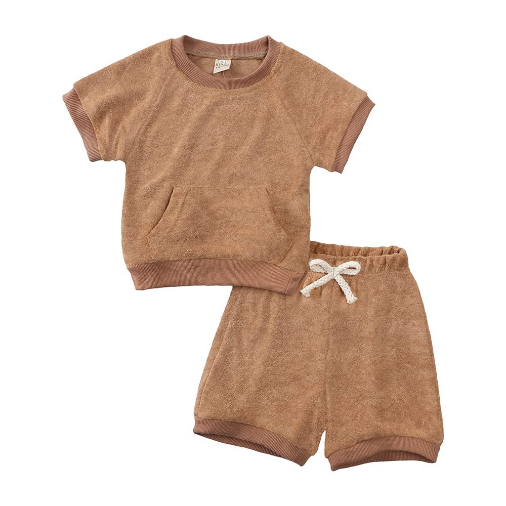 Kids Tales Boy Girl Terry Cloth Outfits Set Short Sleeve Kids Summer Clothes Towel Cloth T-Shirt + Elastic Waistband Shorts