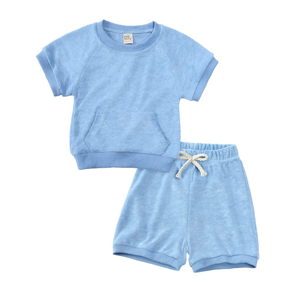 Kids Tales Boy Girl Terry Cloth Outfits Set Short Sleeve Kids Summer Clothes Towel Cloth T-Shirt + Elastic Waistband Shorts