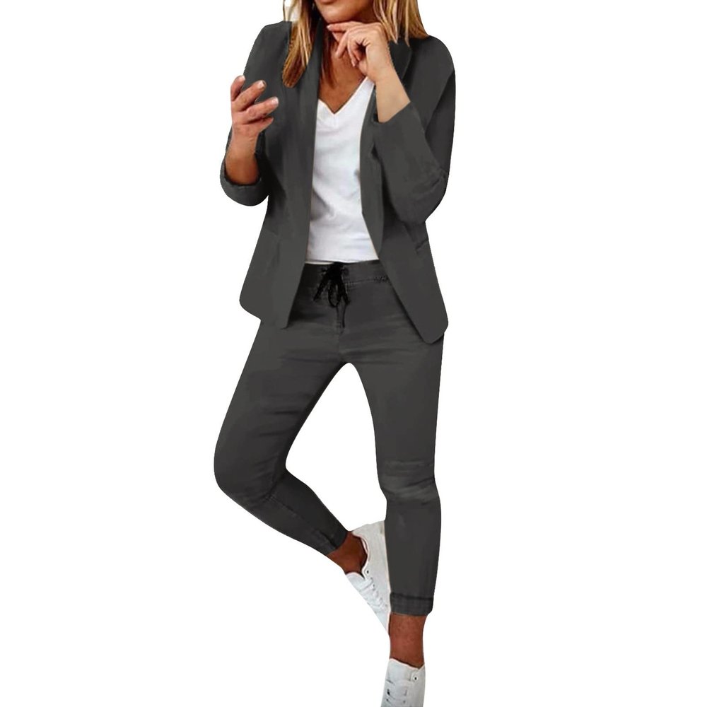 Women's Two Piece Lapels Suit Set Office Long Sleeve Jacket Pant Suit Slim Fit Trouser Jacket Suit (03-Dark Gray, XS)