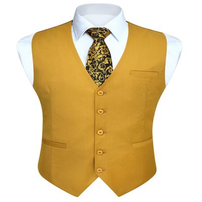 HISDERN Men's Suit Waistcoat Business Formal Gold Dress Vest for Men Yellow with 3 Pockets for Suit or Tuxedo Wedding