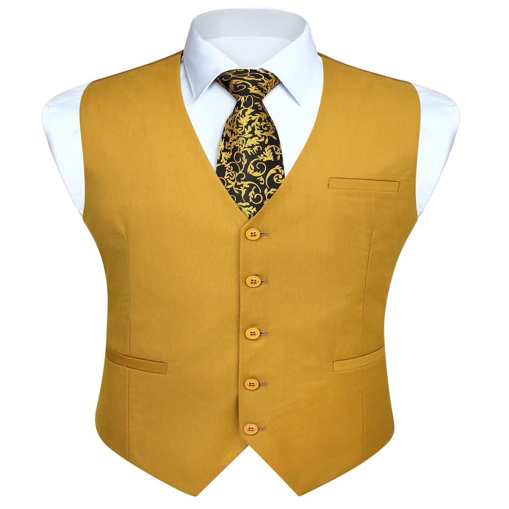 HISDERN Men's Suit Waistcoat Business Formal Gold Dress Vest for Men Yellow with 3 Pockets for Suit or Tuxedo Wedding