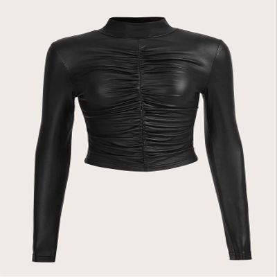 BOPOCO Women's T-Shirt Mock Neck Ruched Front PU Leather Crop Tee (Color : Black, Size : Small)