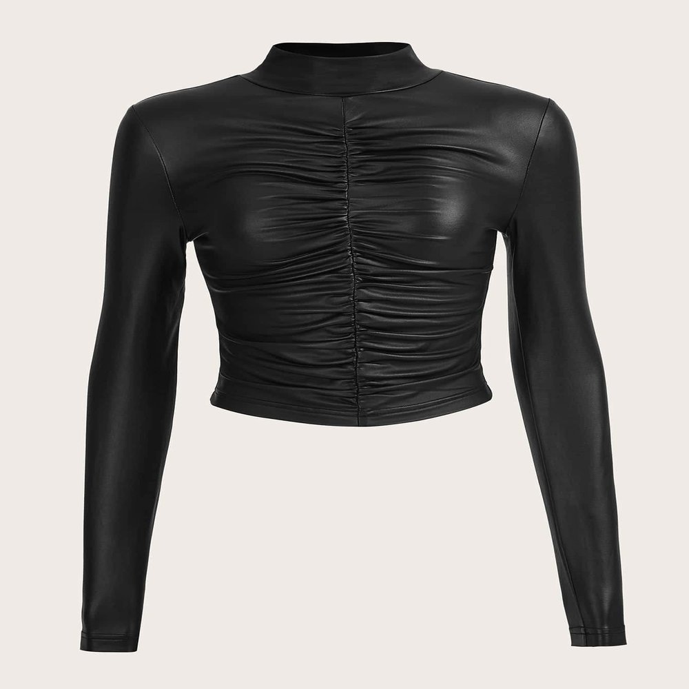 BOPOCO Women's T-Shirt Mock Neck Ruched Front PU Leather Crop Tee (Color : Black, Size : Small)