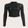 BOPOCO Women's T-Shirt Mock Neck Ruched Front PU Leather Crop Tee (Color : Black, Size : Small) view 1