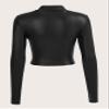 BOPOCO Women's T-Shirt Mock Neck Ruched Front PU Leather Crop Tee (Color : Black, Size : Small) view 2