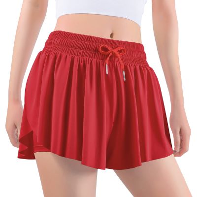 Auranso Girls Flowy Shorts with Pocket 2-in-1 Athletic Running Butterfly Shorts Red 7-8 Years