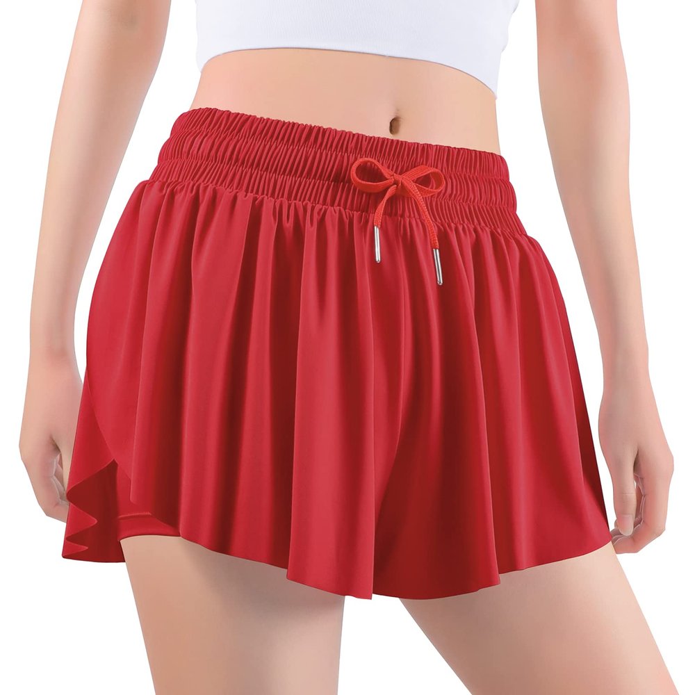 Auranso Girls Flowy Shorts with Pocket 2-in-1 Athletic Running Butterfly Shorts Red 7-8 Years