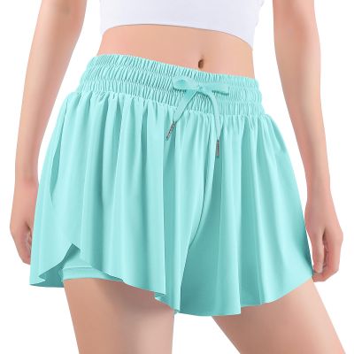 Auranso Girls Flowy Shorts with Pocket 2-in-1 Athletic Running Butterfly Shorts Light Green 9-10 Years