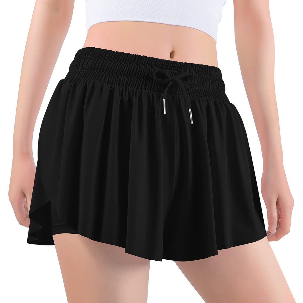 Auranso Girls Flowy Shorts with Pocket 2-in-1 Athletic Running Butterfly Shorts Black 11-12 Years