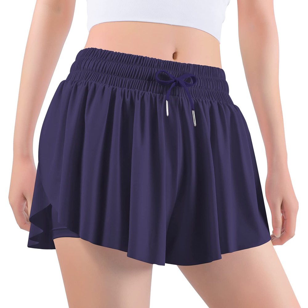 Auranso Girls Flowy Shorts with Pocket 2-in-1 Athletic Running Butterfly Shorts Navy 9-10 Years