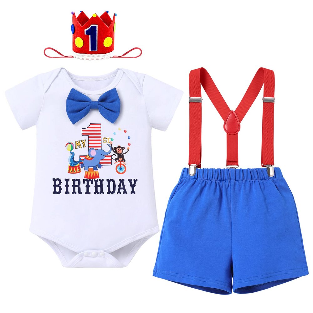 Baby Boy Circus 1st First Birthday Cake Smash Outfit Toddler I'm One Year Old Photo Shooting Prop Infant Party Bow Tie Romper Shorts Suspenders Hat Set Summer Blue Elephant 12M