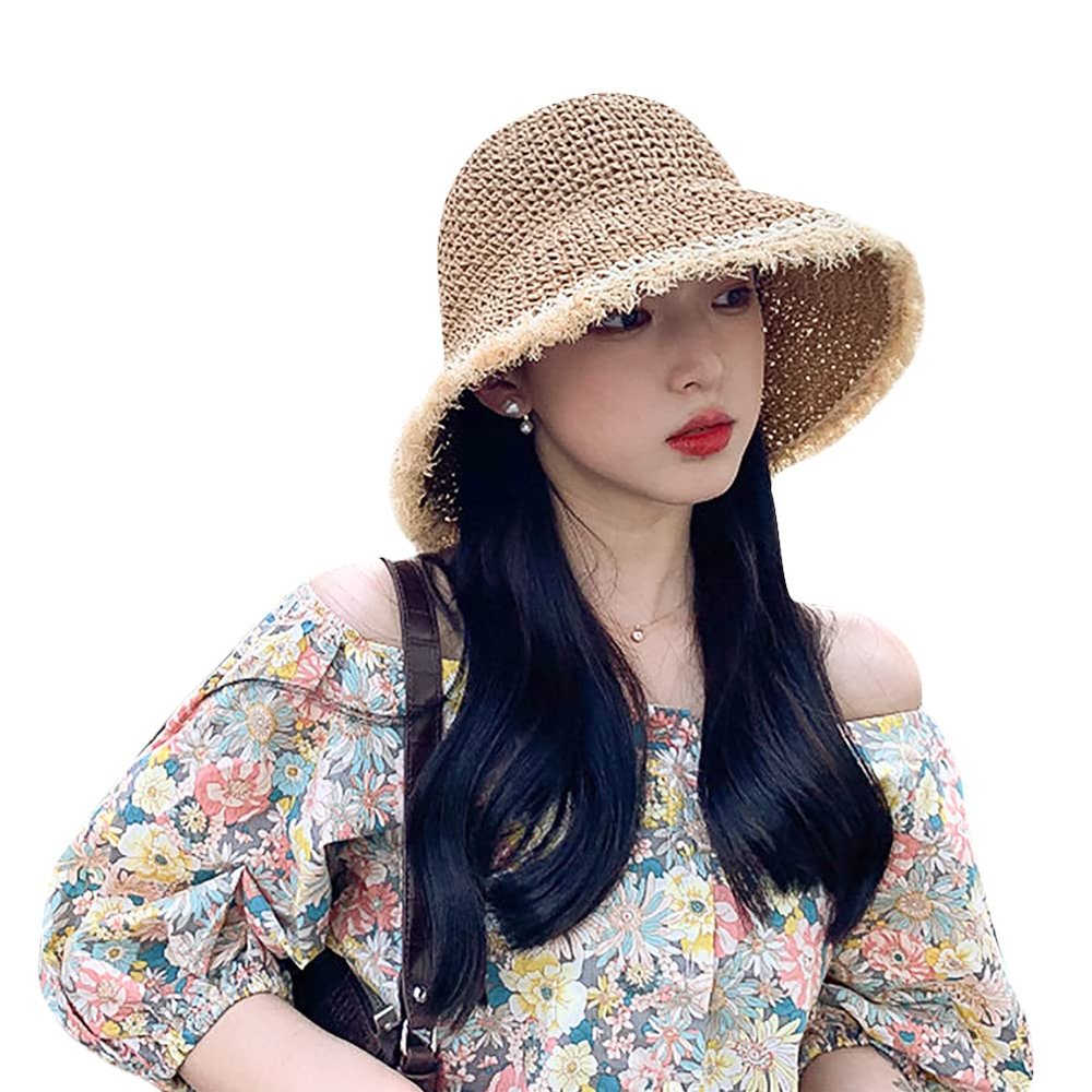 Women Frayed Straw Bucket Hat Wide Brim Crochet Sun Straw Hat Foldable Summer Floppy Beach Hat Fishing Hat