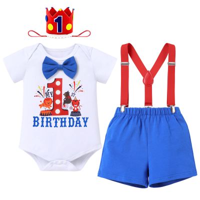 Baby Boy Circus My 1st First Birthday Cake Smash Outfit Toddler I'm One Year Old Photo Shooting Prop Infant Party Bow Tie Romper Shorts Suspenders Hat Set Summer Blue Animal 12M