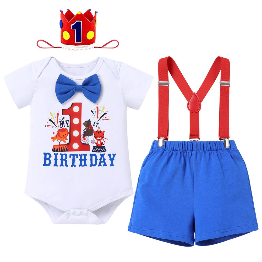 Baby Boy Circus My 1st First Birthday Cake Smash Outfit Toddler I'm One Year Old Photo Shooting Prop Infant Party Bow Tie Romper Shorts Suspenders Hat Set Summer Blue Animal 12M