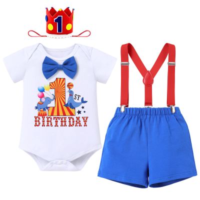 Baby Boy Circus 1st First Birthday Cake Smash Outfit Toddler I'm One Year Old Photo Shooting Prop Infant Party Bow Tie Romper Shorts Suspenders Hat Set Summer Blue Sea Lion 12M