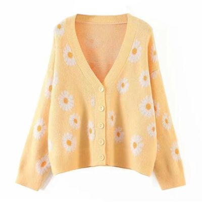 Hyipels Women's Long Sleeve Cardigan Sweater,Cute Y2K Top Knit Colorful Patterned V Neck Button Outwear S~XL