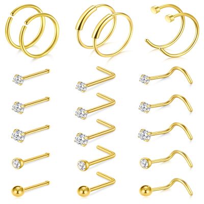 TOKRING Nose Rings Studs for Women Gold Nose Hoops Piercings Jewelry 20g Surgical Steel L shaped Corkscrew Diamond Nose Pin Bone Stud for Men Heart 7mm 1.5/2.0/2.5mm