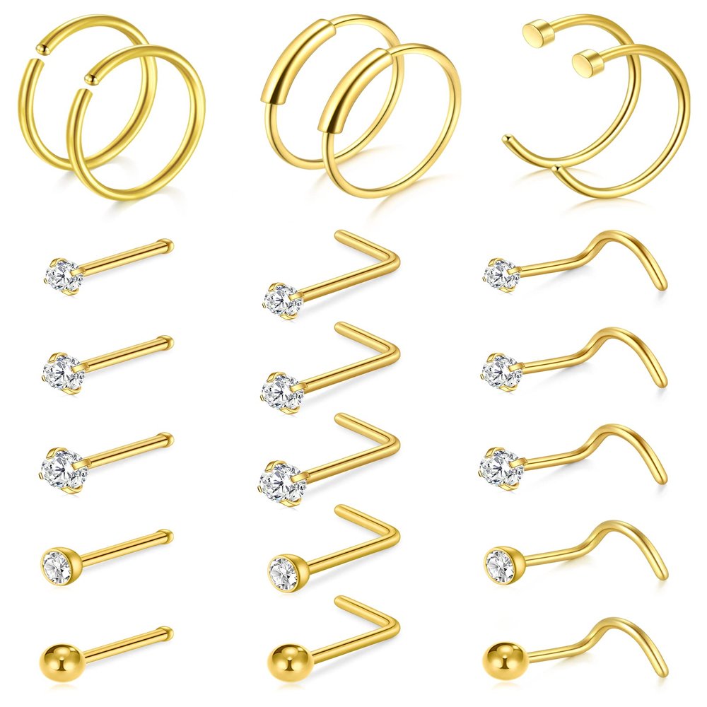 TOKRING Nose Rings Studs for Women Gold Nose Hoops Piercings Jewelry 20g Surgical Steel L shaped Corkscrew Diamond Nose Pin Bone Stud for Men Heart 7mm 1.5/2.0/2.5mm