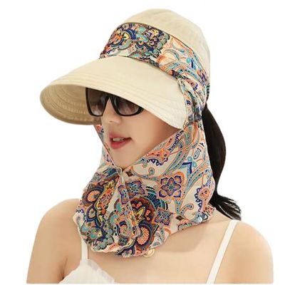 Women Sun Hat Wide Brim UV Protection Cap with Face Neck Flap Cover Beach Visor Hat Foldable Hiking Cap with Detachable Flap Beige