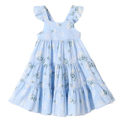 YOUNGER TREE Toddler Girls Outfits Floral Flutter Sleeve Princess Dress Summer Clothes Line Skirts for Girls(7-8T,Blue Floral)