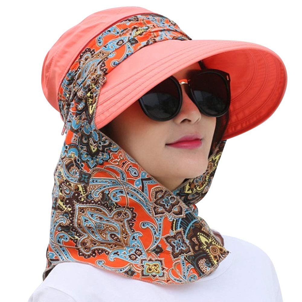 Women Sun Hat Wide Brim UV Protection Cap with Face Neck Flap Cover Beach Visor Hat Foldable Hiking Cap with Detachable Flap Tangerine