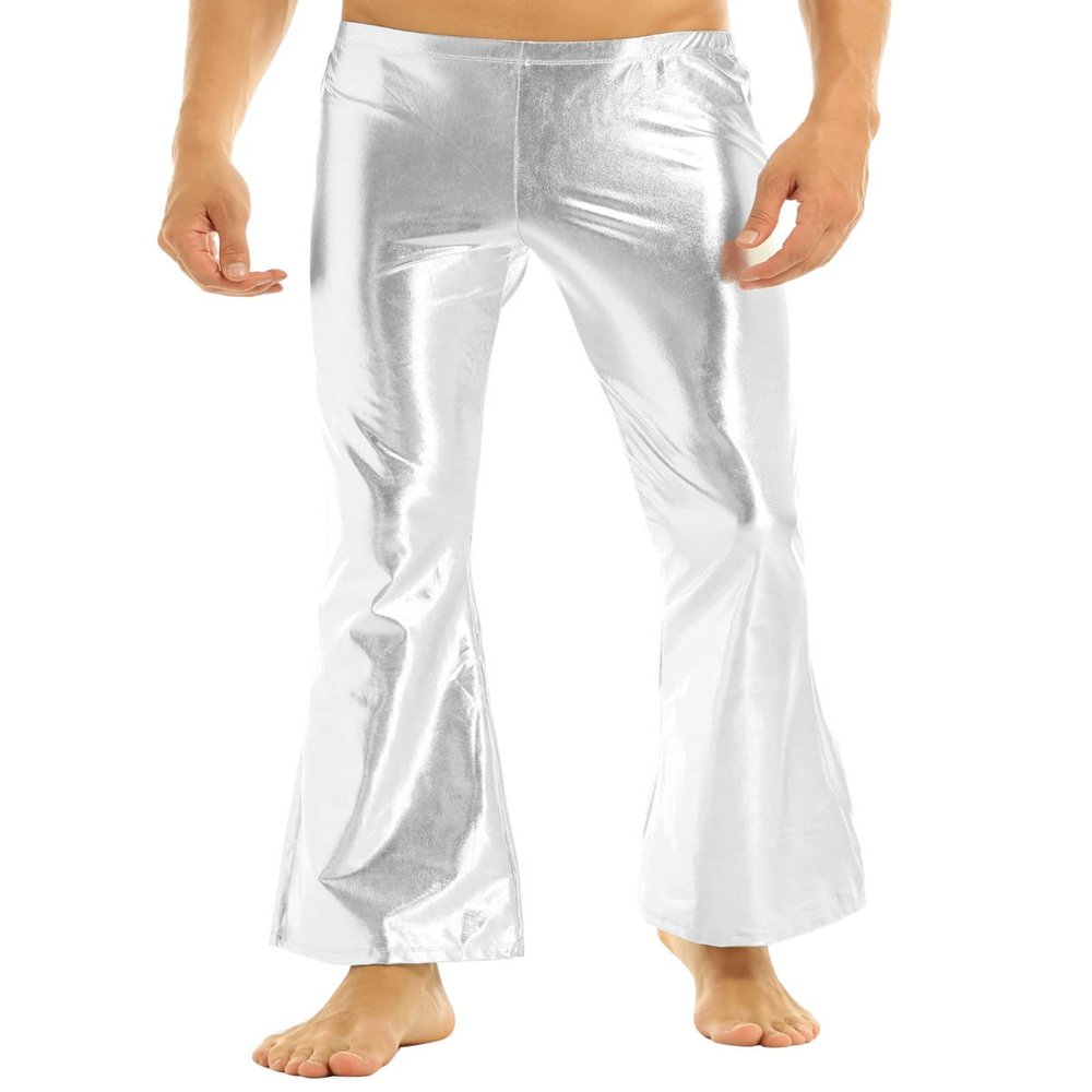 RUNQHUI Men's Shiny Faux Leather 70s Disco Trousers Long Pants Motorcycle Leggings Clubwear Silver X-Large