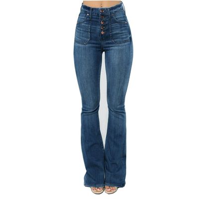 JEsilunmaMY Women's Mid-Waist Button Flared Jeans Retro Skinny Comfortable Bell Bottom Jeans Pocket Wash Flare Jean Trouser (Dark Blue,X-Small)