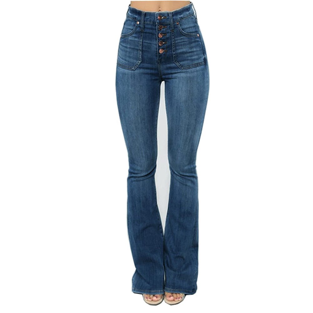 JEsilunmaMY Women's Mid-Waist Button Flared Jeans Retro Skinny Comfortable Bell Bottom Jeans Pocket Wash Flare Jean Trouser (Dark Blue,X-Small)