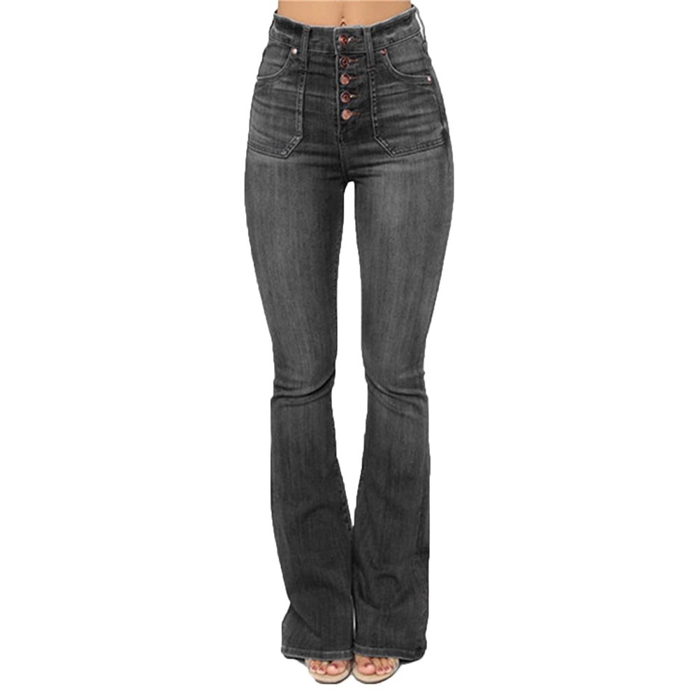 JEsilunmaMY Women's Mid Waist Button Flared Jeans Retro Slim Fit Skinny Bell Bottom Denim Pants Distressed Washed Flare Jeans (Black,X-Large)