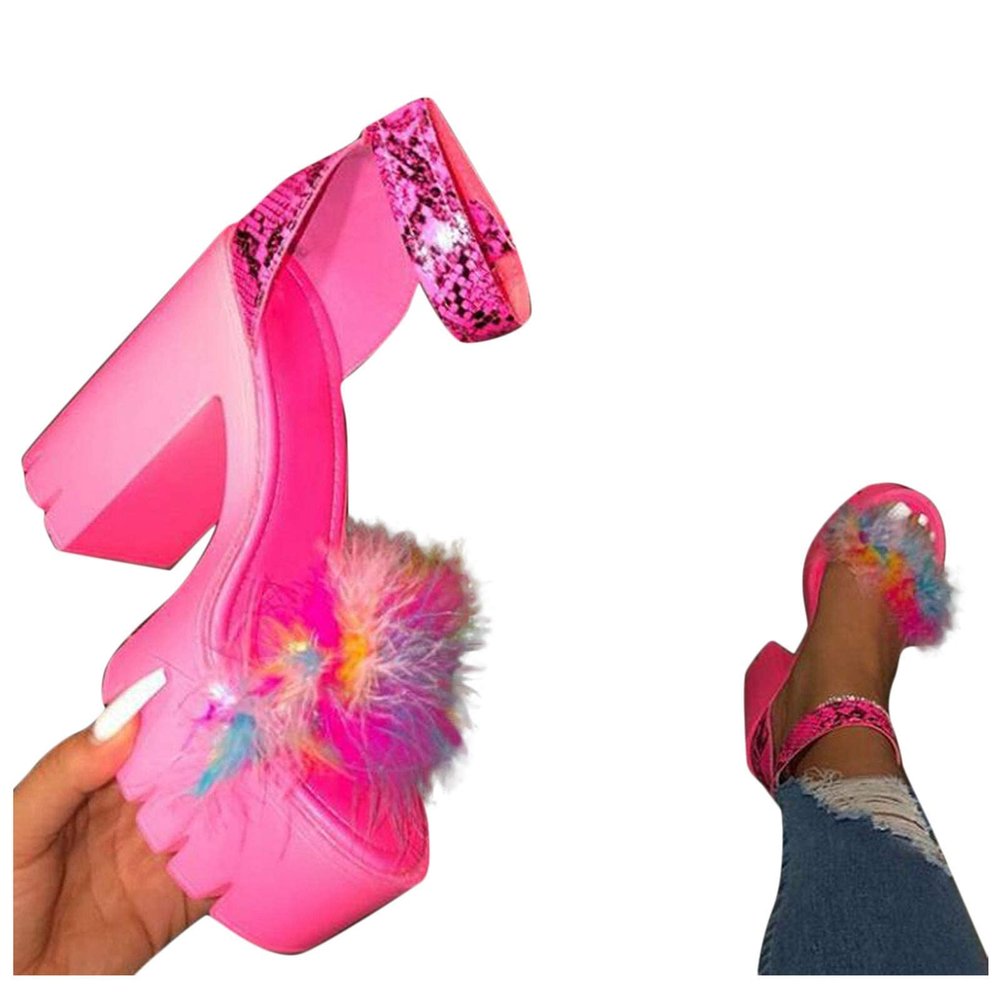 ZKXYFFS Chunky Heeled Sandals for Women Open Toe Ankle Strap Block Heel Platform Sandals Summer Fluffy Feather Dress Party High Heeled Sandal